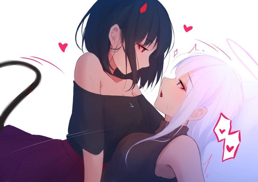 2girls artist_logo artist_name bangs bare_shoulders black_hair blue_eyes blush breasts demon_tail halo heart horns long_hair looking_at_another medium_hair multiple_girls open_mouth original red_eyes shimmer simple_background tail white_background yuri