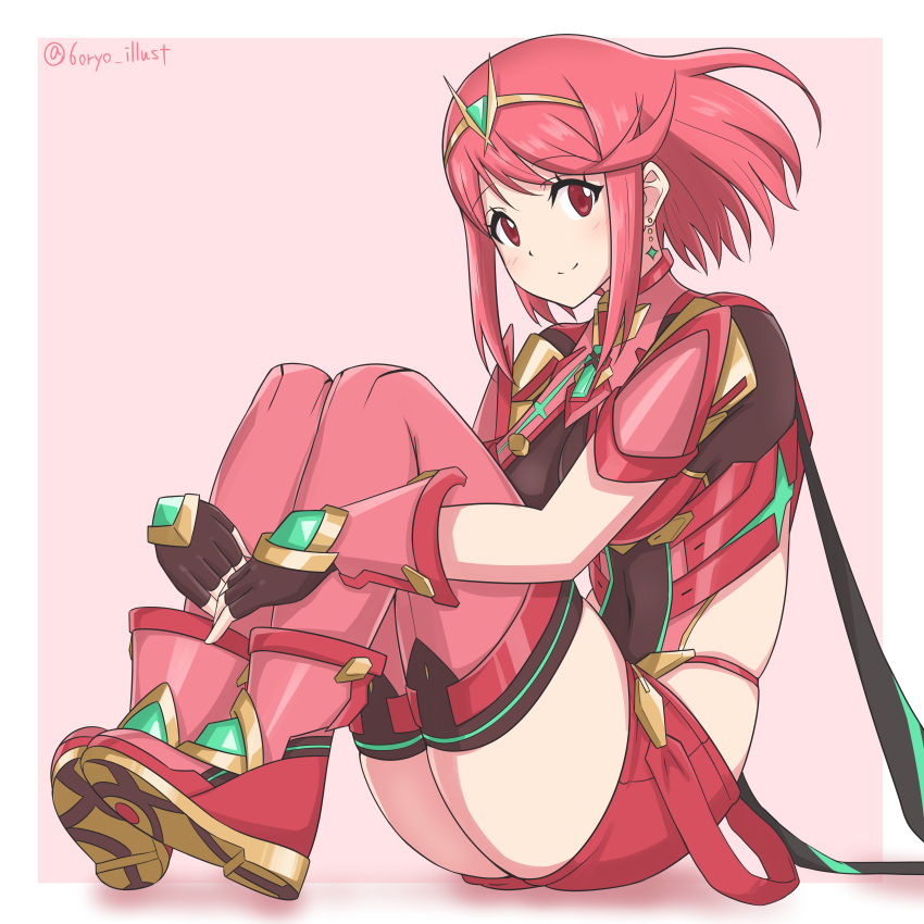 1girl absurdres bangs black_gloves breasts chest_jewel earrings fingerless_gloves gem gloves headpiece highres jewelry large_breasts pyra_(xenoblade) red_eyes red_legwear red_shorts redhead ryochan96154 short_hair short_shorts shorts swept_bangs thigh-highs tiara xenoblade_chronicles_(series) xenoblade_chronicles_2