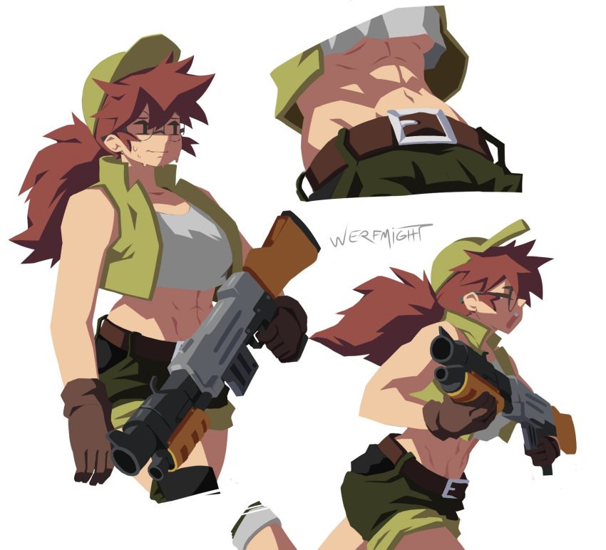 1girl abs baseball_cap belt breasts brown_hair crop_top fio_germi glasses gloves gun hat highres large_breasts long_hair metal_slug midriff muscular muscular_female navel ponytail short_shorts shorts signature simple_background solo sweatdrop weapon werfmight white_background