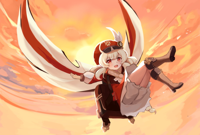 1girl :d ahoge ass backpack bag bag_charm bangs bloomers boots brown_footwear brown_scarf cabbie_hat charm_(object) clouds cloudy_sky clover_print coat commentary_request dodoco_(genshin_impact) eyebrows_visible_through_hair from_below genshin_impact gliding hair_between_eyes hat highres klee_(genshin_impact) light_brown_hair long_hair long_sleeves looking_at_viewer low_twintails no_gloves open_mouth orange_eyes outstretched_arms pocket pointing randoseru red_coat red_headwear scarf sidelocks sky smile solo spread_arms sun thigh-highs thigh_boots twilight twintails underwear wings xishuu_(user_dvah3828)