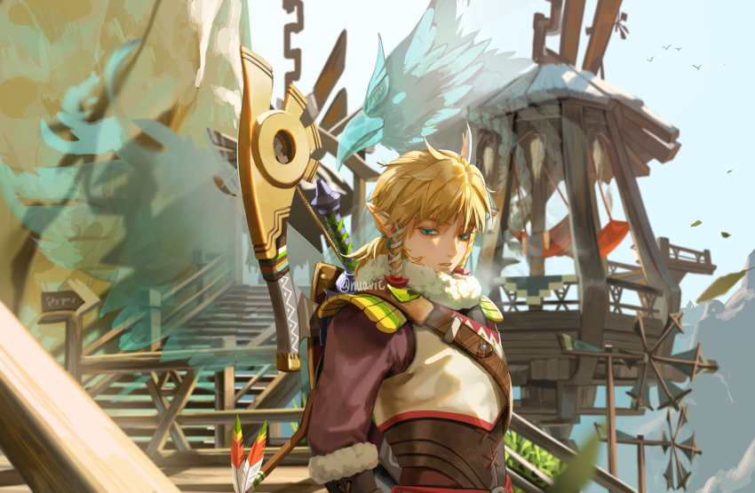 1boy absurdres bangs bird blonde_hair blue_eyes bow_(weapon) day feathered_wings fur_trim ghost gloves hair_ornament hair_ribbon highres house jewelry link long_sleeves looking_at_another nuavic outdoors parted_lips pointy_ears revali ribbon sign sky snowquill_set_(zelda) solo sword teeth the_legend_of_zelda the_legend_of_zelda:_breath_of_the_wild tress_ribbon weapon weapon_on_back wings