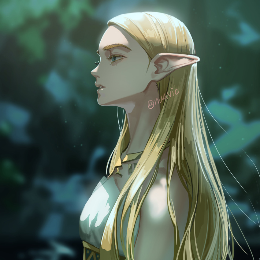 1girl absurdres bangs bare_shoulders blonde_hair blurry blurry_background breasts depth_of_field dress elf from_side green_eyes highres lips long_hair nuavic parted_bangs parted_lips pointy_ears princess_zelda profile shiny shiny_hair small_breasts solo teeth the_legend_of_zelda the_legend_of_zelda:_breath_of_the_wild upper_body white_dress