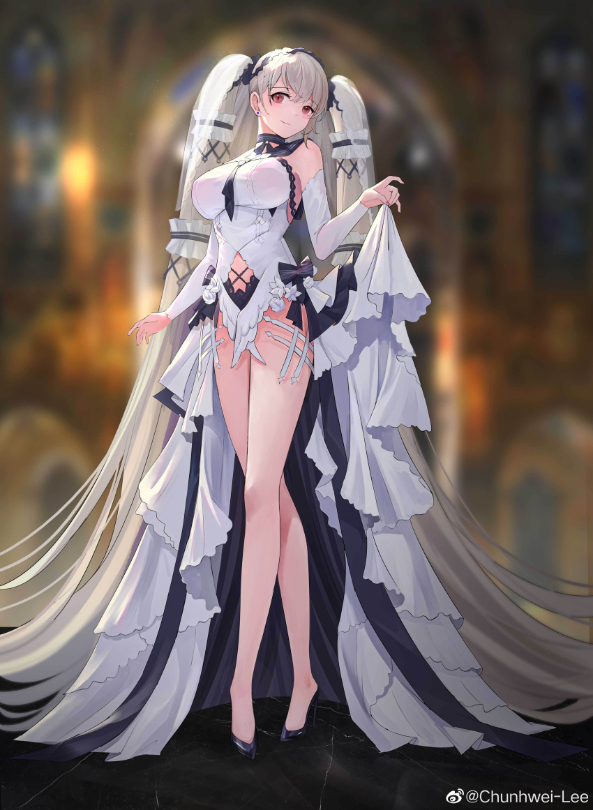 1girl absurdly_long_hair absurdres azur_lane bangs bare_legs bare_shoulders black_footwear blurry blurry_background blush breasts chunhui_lee closed_mouth clothing_cutout depth_of_field detached_sleeves dress eyebrows_visible_through_hair formidable_(azur_lane) formidable_(timeless_classics)_(azur_lane) full_body hair_ornament high_heels highres impossible_clothes impossible_dress large_breasts long_hair long_sleeves looking_at_viewer navel_cutout official_alternate_costume red_eyes silver_hair skirt_hold smile solo standing stuffed_toy twitter_username veil very_long_hair weibo_username white_dress