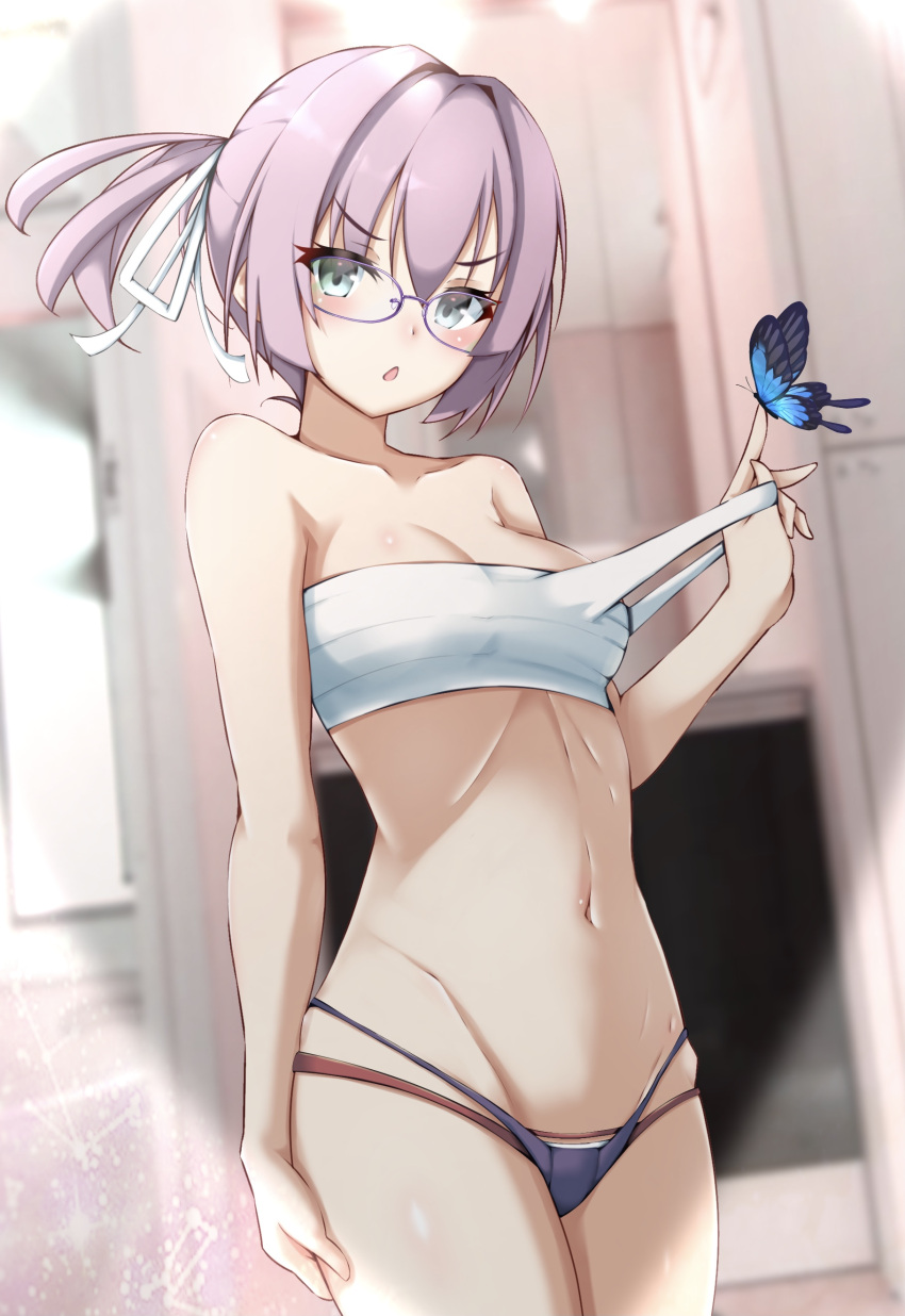 1girl :o absurdres bandages bangs bespectacled blue_butterfly blue_eyes blush breasts bug butterfly butterfly_on_finger commentary_request cowboy_shot eyebrows_visible_through_hair glasses hair_ribbon highres honma_(honmatomohiro) insect kantai_collection looking_at_viewer medium_breasts panties pink_hair ponytail purple_panties remodel_(kantai_collection) ribbon sarashi shiranui_(kancolle) short_hair signature solo underwear underwear_only white_ribbon