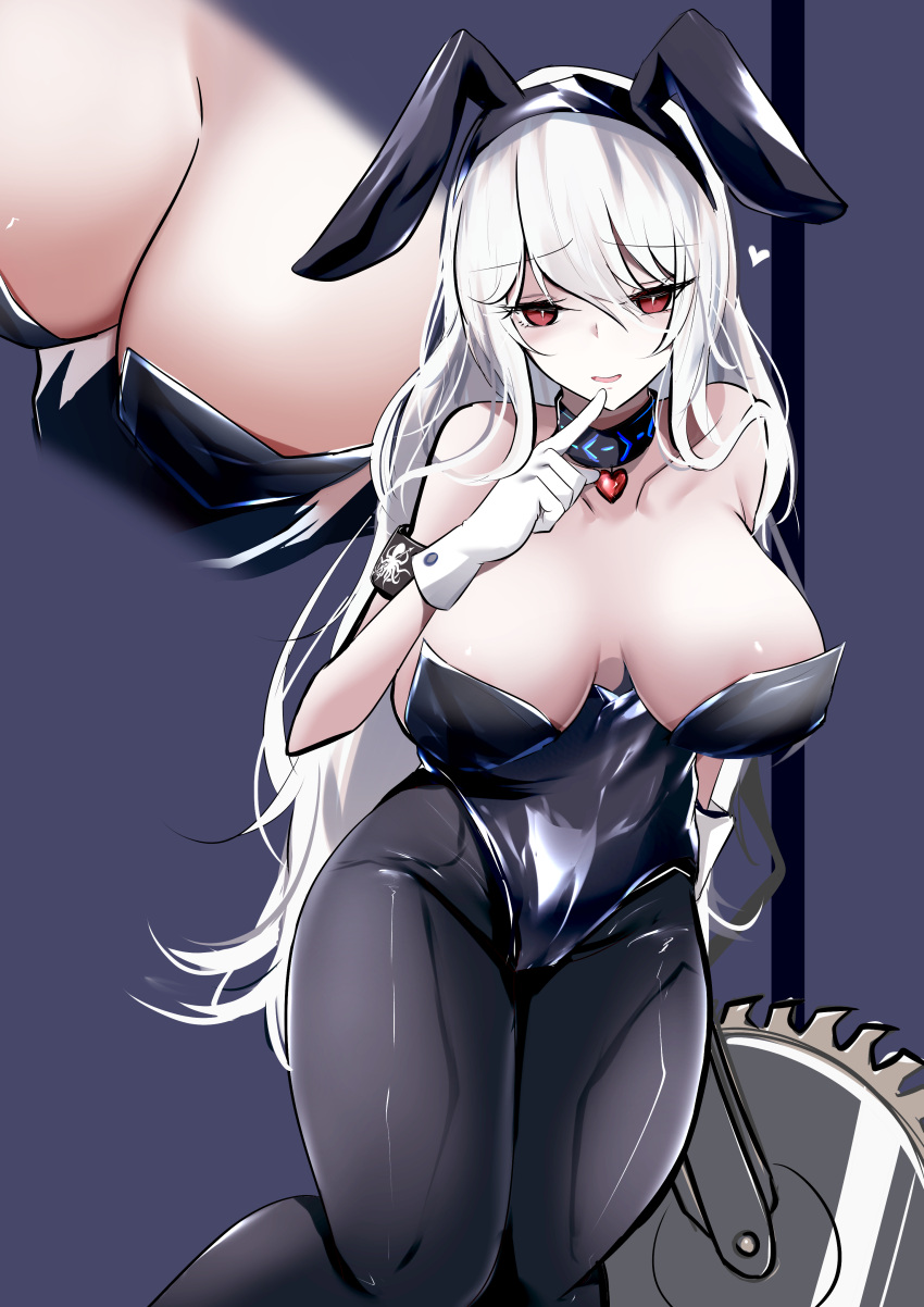 1girl absurdres abyssal_hunters_logo alternate_costume animal_ears arknights armband breasts choker circular_saw commentary_request cowboy_shot fake_animal_ears finger_to_mouth gloves heart highres holding holding_weapon index_finger_raised infection_monitor_(arknights) kouki_hanada large_breasts long_hair long_sleeves looking_at_viewer open_mouth pantyhose playboy_bunny purple_background rabbit_ears red_eyes silver_hair smile solo specter_(arknights) weapon white_gloves