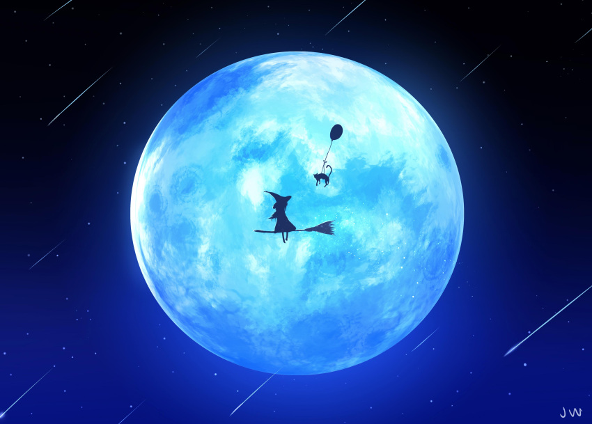 1girl absurdres animal balloon broom broom_riding cape cat fantasy full_moon hat highres long_hair moon night night_sky original scenery shooting_star signature sitting sky skyrick9413 solo witch_hat