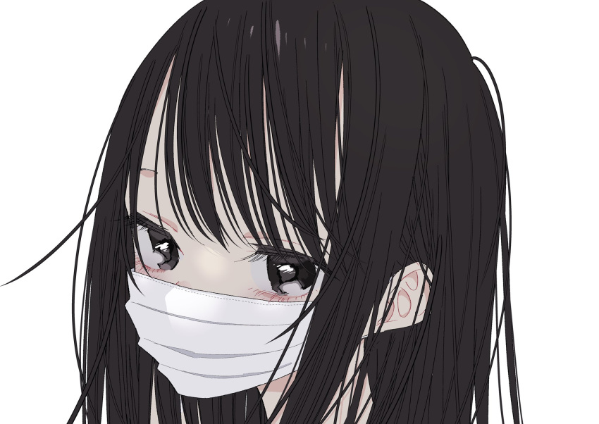 1girl black_eyes black_hair close-up covered_mouth eyelashes highres kawai_rou long_hair looking_at_viewer mask mouth_mask original portrait simple_background solo surgical_mask white_background white_mask