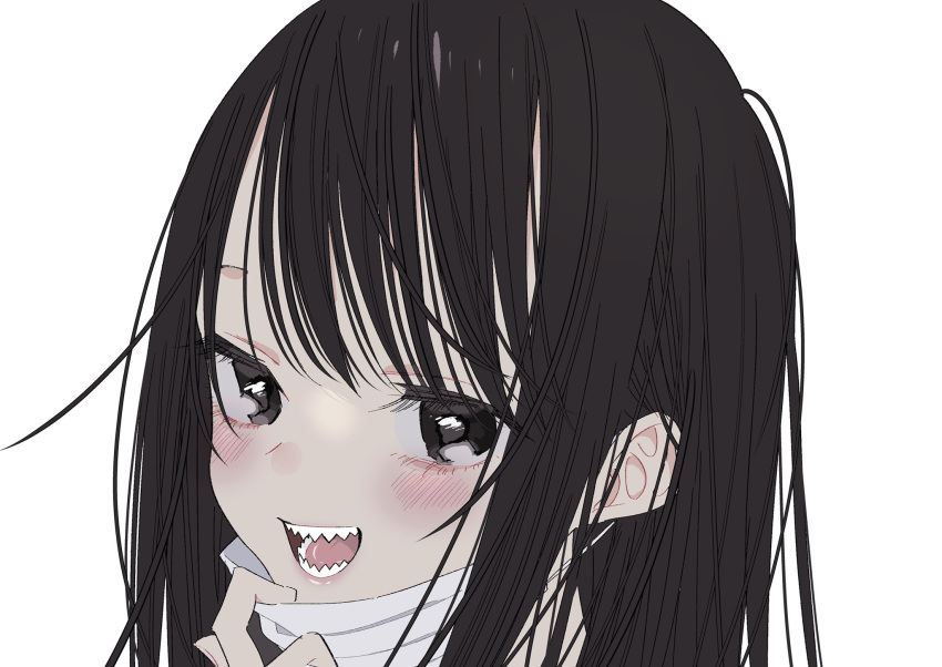 1girl :d black_eyes black_hair blush close-up eyelashes highres kawai_rou long_hair looking_at_viewer mask mask_pull mouth_mask open_mouth original portrait sharp_teeth simple_background smile solo surgical_mask teeth white_background white_mask