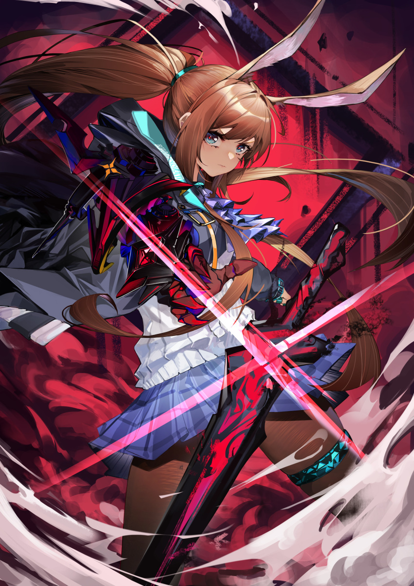 1girl absurdres amiya_(arknights) amiya_(guard)_(arknights) animal_ears arknights black_jacket black_legwear blue_eyes blue_neckwear blue_skirt brown_hair chinese_commentary clawed_gauntlets closed_mouth cowboy_shot cravat eyebrows_visible_through_hair floating_hair glaring glint hair_tie highres holding holding_sword holding_weapon hood hooded_jacket infection_monitor_(arknights) jacket long_hair looking_at_viewer miniskirt open_clothes open_jacket pantyhose plaid plaid_skirt ponytail rabbit_ears sidelocks skirt smoke solo sweater sword tsumiki_(12756023) tsurime weapon white_sweater