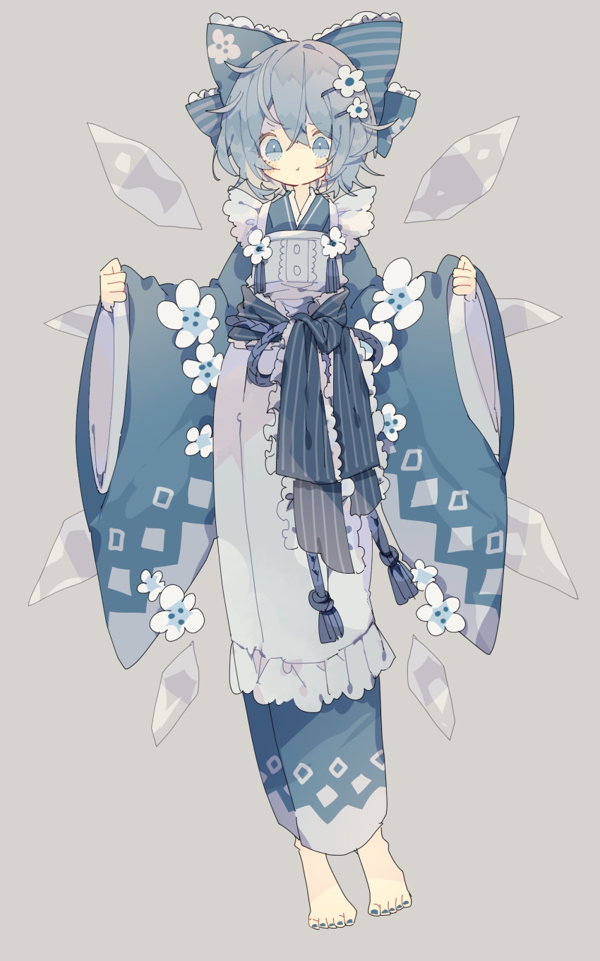 1girl absurdres alternate_costume apron bangs barefoot blue_bow blue_eyes blue_hair blue_kimono blue_nails bow cirno closed_mouth commentary eyebrows_visible_through_hair flower full_body hair_bow hair_flower hair_ornament highres ice ice_wings japanese_clothes kimono long_sleeves looking_at_viewer nikorashi-ka pout short_hair solo standing touhou white_apron white_flower wide_sleeves wings