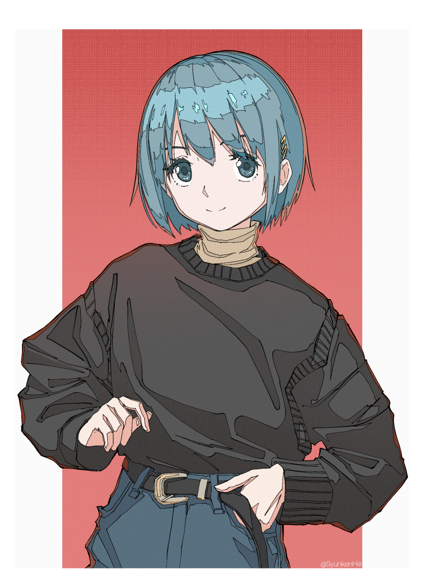 1girl belt_buckle black_sweater blue_eyes blue_hair buckle closed_mouth denim facing_viewer hair_ornament hairclip highres jeans long_sleeves looking_at_viewer mahou_shoujo_madoka_magica miki_sayaka pants shunken_he smile solo sweater turtleneck turtleneck_sweater upper_body