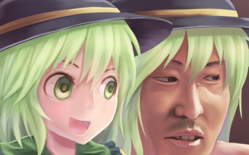 1boy 1girl :d bangs black_eyes black_headwear commentary_request cosplay facial_hair green_eyes green_hair hair_between_eyes hat hat_ribbon highres komeiji_koishi komeiji_koishi_(cosplay) looking_to_the_side manatsu_no_yo_no_inmu open_mouth photo-referenced puhaa ribbon short_hair smile stubble touhou yajuu_senpai yellow_ribbon