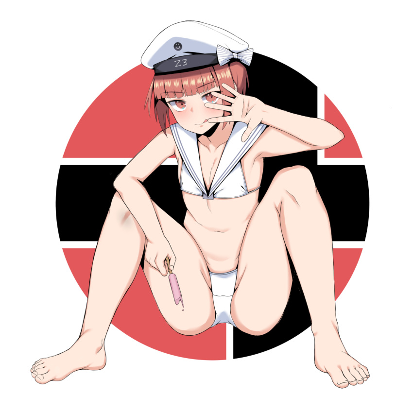 1girl bikini brown_eyes clothes_writing flat_chest food hat highres holding holding_food kantai_collection navel nekokyun popsicle redhead sailor_bikini sailor_collar sailor_hat short_hair sitting solo swimsuit white_bikini white_headwear z3_max_schultz_(kancolle)