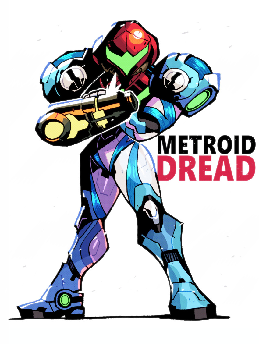 1girl absurdres arm_cannon artist_name copyright_name full_body helmet highres looking_at_viewer metroid metroid_dread pose rariatto_(ganguri) samus_aran simple_background solo standing weapon white_background