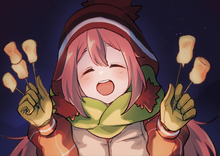 1girl bangs blush brown_headwear closed_eyes coat commentary_request eyelashes facing_viewer food fuwamoko_momen_toufu gloves green_scarf hands_up happy hat highres holding holding_stick kagamihara_nadeshiko long_sleeves marshmallow night open_mouth outdoors pink_hair scarf sky smile solo stick tongue upper_body upper_teeth yurucamp |d