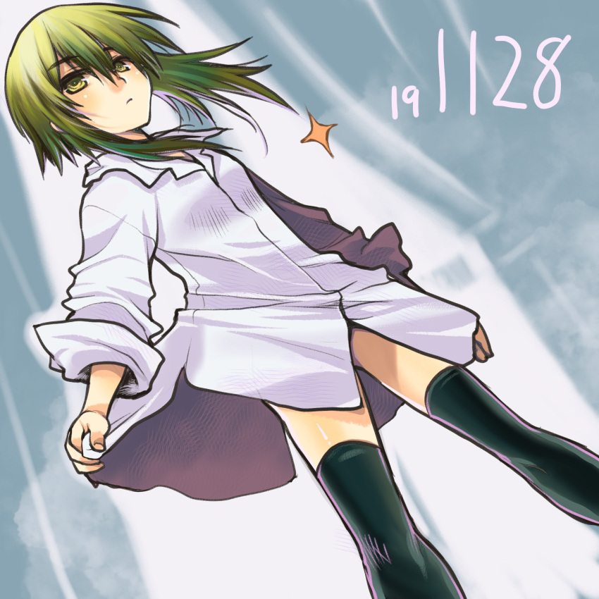 1girl bangs black_legwear breasts closed_mouth dated eyebrows_visible_through_hair green_eyes green_hair hair_between_eyes hekikai_no_aion highres kagesaki_yuna miyazaki_seine oversized_clothes oversized_shirt shirt short_hair_with_long_locks simple_background small_breasts solo sparkle thigh-highs white_shirt