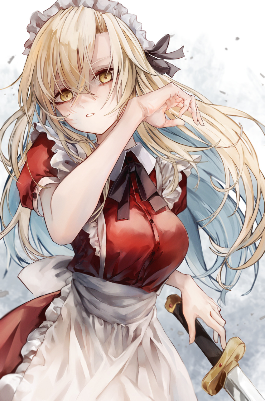 1girl absurdres apron blonde_hair breasts cowboy_shot dress highres holding holding_sword holding_weapon huge_filesize large_breasts long_hair looking_at_viewer parted_lips red_dress safutsuguon simple_background solo sword touhou touhou_(pc-98) very_long_hair waist_apron weapon white_background yellow_eyes yumeko_(touhou)