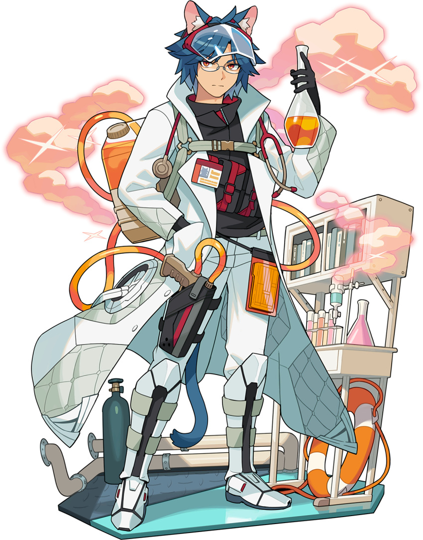 1boy ahoge animal_ear_fluff animal_ears artist_request backpack bag bangs belt black_gloves black_shirt blue_hair book canister cat_boy cat_ears cat_tail closed_mouth coat eyebrows_visible_through_hair full_body glasses gloves greaves gun half-closed_eyes hand_in_pocket hand_up handgun high_collar highres holding holding_flask holster indoors labcoat liao_(world_flipper) lifebuoy liquid long_sleeves looking_at_viewer male_focus non-web_source official_art open_clothes open_coat orange_eyes pants pipes pocket pouch round-bottom_flask shiny shiny_hair shirt shoes short_hair sidelocks smoke solo sparkle standing stethoscope table tail test_tube thigh_holster thigh_strap transparent_background tube v-shaped_eyebrows visor weapon white_coat white_footwear white_pants world_flipper