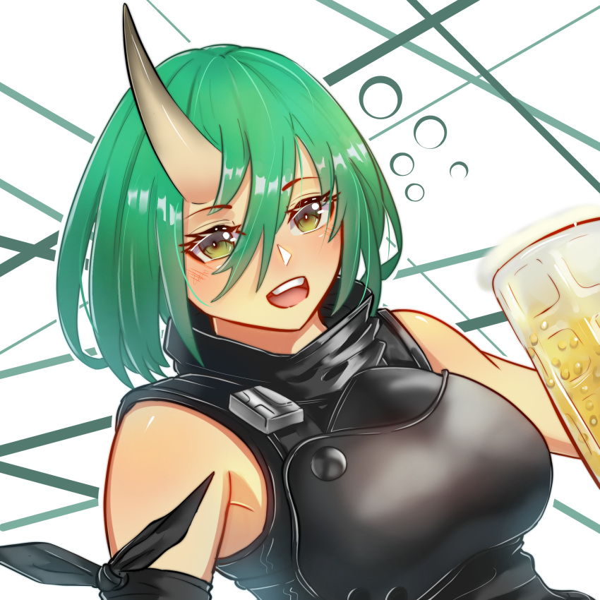 1girl alcohol alternate_hair_length alternate_hairstyle arknights armor beer breastplate cup drunk english_commentary eyelashes green_eyes green_hair hair_between_eyes highres horns hoshiguma_(arknights) looking_at_viewer mug najashi oni oni_horns short_hair smile solo