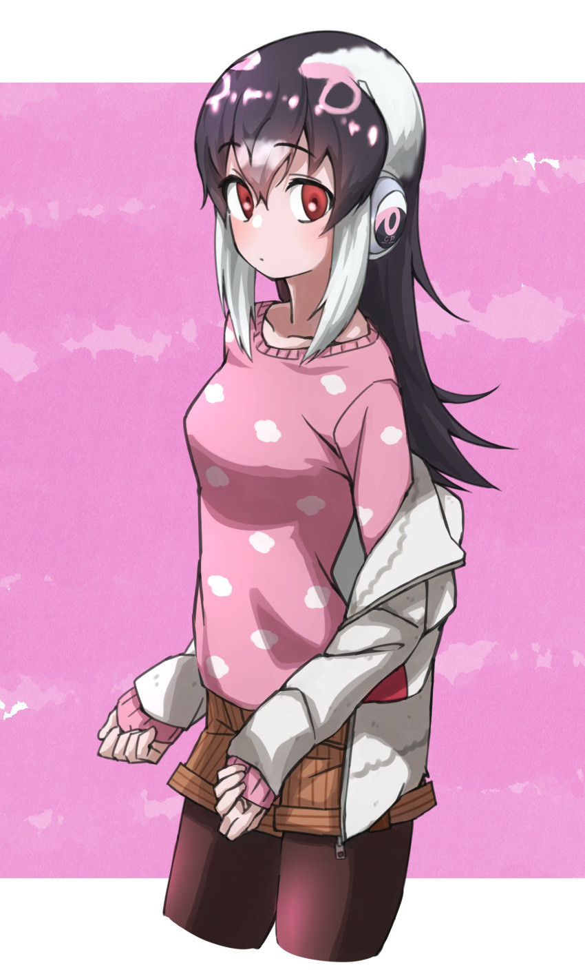 1girl absurdres african_penguin_(kemono_friends) alternate_costume black_hair casual cloud_print commentary_request cowboy_shot eyebrows_visible_through_hair headphones highres jacket kemono_friends kemono_friends_v_project long_hair long_sleeves looking_at_viewer multicolored_hair off_shoulder orange_shorts pantyhose penguin_girl pink_hair pink_sweater red_eyes red_legwear shorts solo striped striped_shorts sweater tanabe_(fueisei) white_hair white_jacket