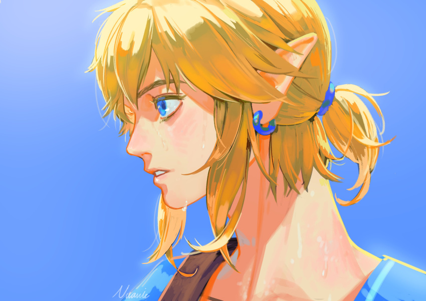 1boy absurdres artist_name bangs blonde_hair blue_background blue_eyes blue_shirt blush collarbone face from_side gradient gradient_background highres link nuavic parted_lips pointy_ears ponytail profile shirt short_hair short_ponytail sidelocks signature simple_background solo teeth the_legend_of_zelda the_legend_of_zelda:_breath_of_the_wild