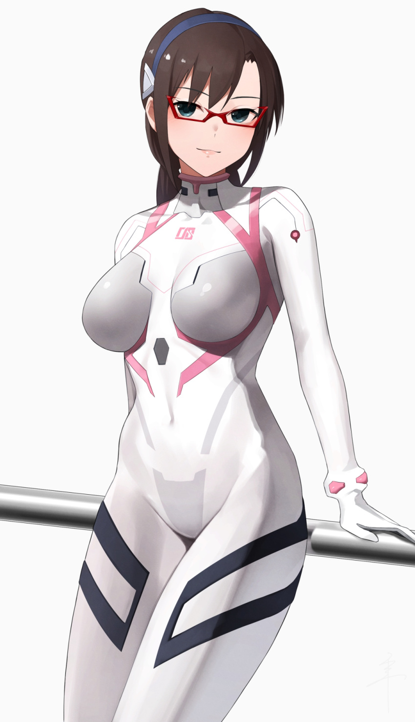 1girl arm_support blue_eyes bodysuit breasts brown_hair covered_navel cowboy_shot evangelion:_3.0+1.0_thrice_upon_a_time glasses grey_background highres interface_headset large_breasts leaning_back makinami_mari_illustrious multicolored multicolored_bodysuit multicolored_clothes neon_genesis_evangelion pink_bodysuit plugsuit railing rebuild_of_evangelion red-framed_eyewear senju_(snz0) skin_tight solo white_bodysuit