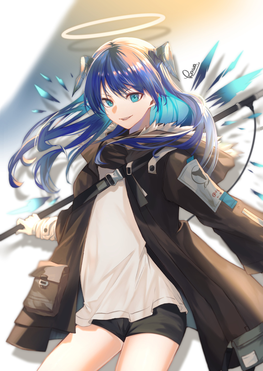1girl arknights black_jacket black_shorts blue_eyes blue_hair buckle cowboy_shot demon_horns energy_wings eyebrows_visible_through_hair fallen_angel fur-trimmed_hood fur_trim gloves halo highres holding holding_staff hood horns jacket kawausoman long_hair long_sleeves mostima_(arknights) open_clothes open_jacket open_mouth shirt short_shorts shorts signature simple_background smile solo staff standing strap thighs white_background white_gloves white_shirt