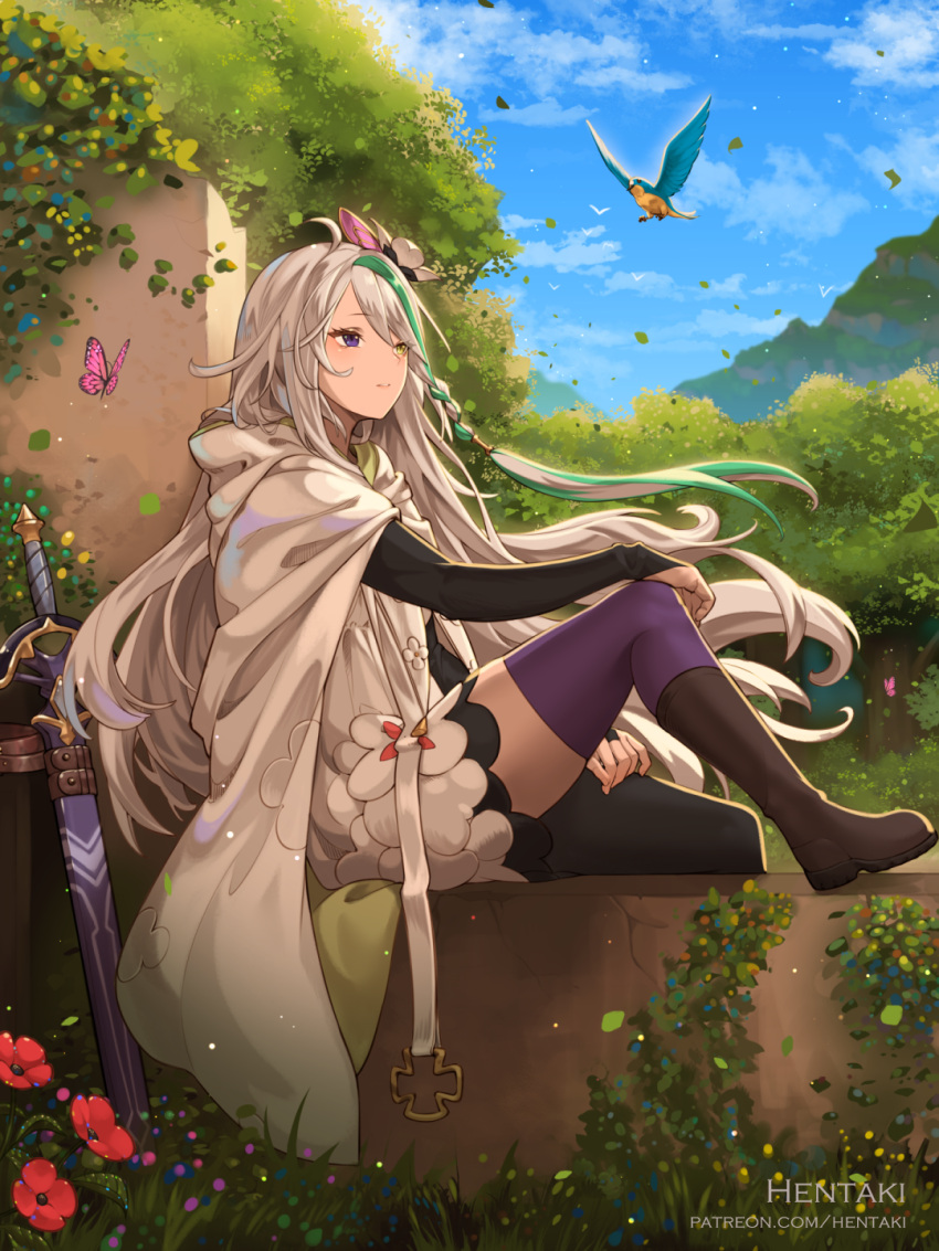 1girl animal bangs bird black_legwear blue_eyes blue_sky boots bridal_gauntlets brown_footwear bug butterfly character_request cloak clouds commentary day dragalia_lost dress english_commentary eyebrows_visible_through_hair green_hair grey_hair hair_between_eyes hentaki heterochromia highres hood hood_down hooded_cloak insect mismatched_legwear multicolored_hair outdoors purple_legwear sheath sheathed sky solo streaked_hair sword thigh-highs thighhighs_under_boots tree watermark weapon web_address white_cloak white_dress yellow_eyes
