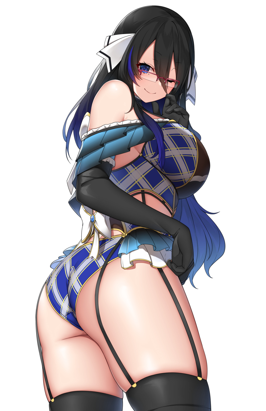 1girl absurdres ass bare_shoulders black_gloves black_hair black_legwear blue_eyes blue_hair breasts commission elbow_gloves from_behind from_below garter_straps gloves gradient_hair hair_between_eyes hair_ribbon highres large_breasts looking_at_viewer looking_down multicolored_hair one_eye_closed original panties plaid plaid_panties ribbon semi-rimless_eyewear simple_background skeb_commission smile solo suruga_(xsurugax) thigh-highs underwear white_background white_ribbon