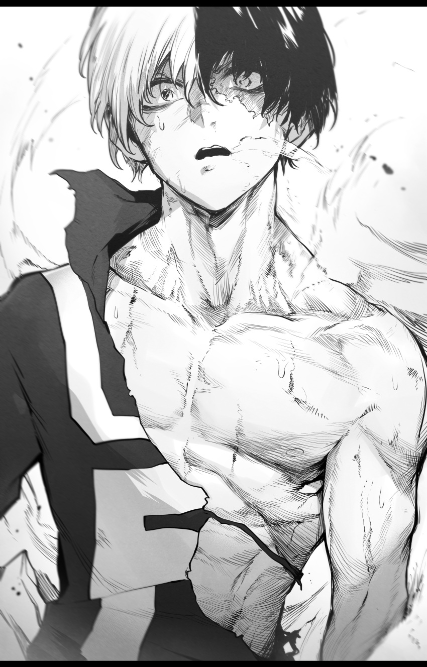 1boy absurdres bodysuit boku_no_hero_academia greyscale highres letterboxed looking_at_viewer male_focus monochrome multicolored_hair niwarhythm open_mouth pectorals scar scar_on_face solo sweat todoroki_shouto torn_clothes two-tone_hair upper_body wide-eyed