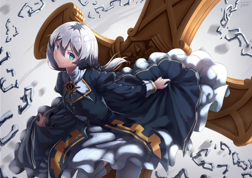 1girl bangs blue_eyes broken broken_chain chain closed_mouth clothes_lift cross_(weapon) hair_between_eyes honkai_(series) honkai_impact_3rd kneehighs leg_up looking_at_viewer nun side_ponytail skirt skirt_lift smile solo theresa_apocalypse theresa_apocalypse_(valkyrie_pledge) white_background white_hair white_legwear xfate