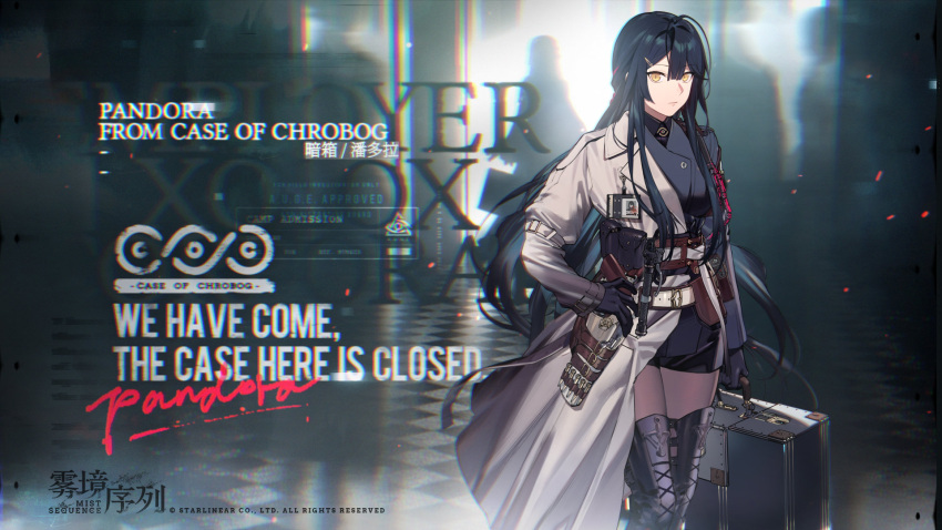 1girl belt_buckle black_hair boots briefcase buckle bullet character_request duoyuanjun english_text gloves gun handgun highres holstered_weapon id_card long_hair military military_jacket military_uniform mist_sequence solo thigh-highs thigh_boots uniform weapon yellow_eyes
