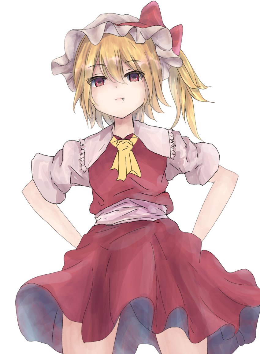 1girl ascot bangs blonde_hair bow closed_mouth cowboy_shot error eyebrows_visible_through_hair fang fang_out flandre_scarlet flat_chest frilled_shirt_collar frills from_below hair_between_eyes hat hat_bow haya_nyaru highres looking_at_viewer mob_cap one_side_up puffy_short_sleeves puffy_sleeves red_bow red_eyes red_skirt red_vest short_hair short_sleeves simple_background skirt smug solo standing touhou vest white_background white_headwear yellow_neckwear