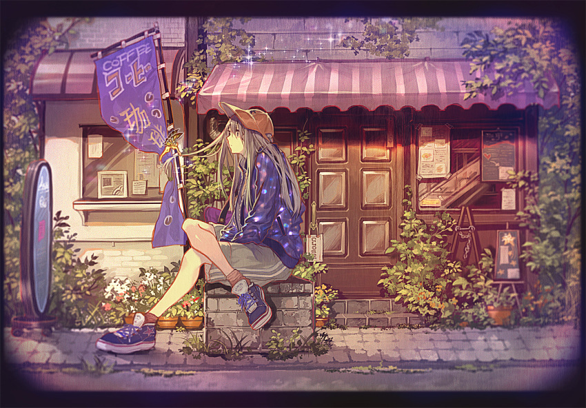 1girl blue_footwear brown_hair brown_headwear building crossed_legs door fairy flower from_side hat long_hair original plant shadow shoes sitting solo sparkle wide_shot window yumeko_(yumeyana_g)