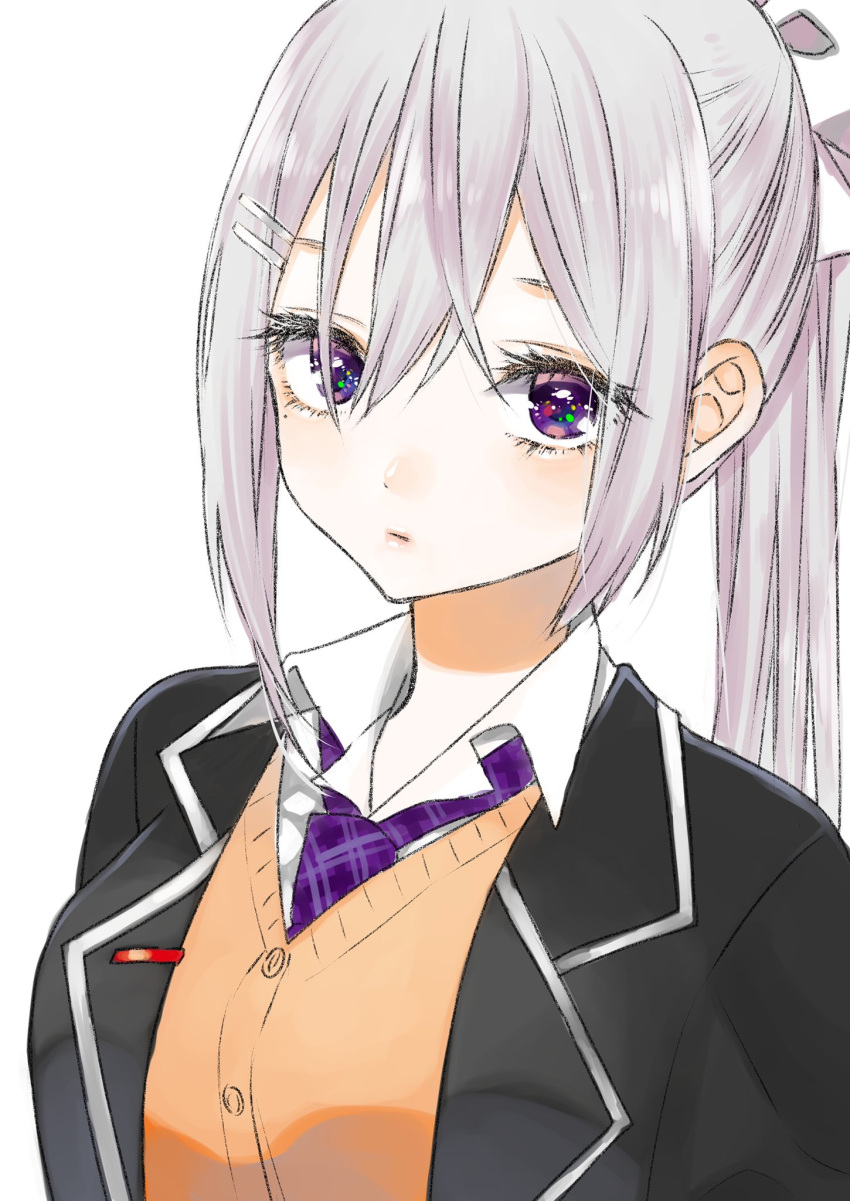 1girl black_jacket blush bow brown_cardigan cardigan closed_mouth collared_shirt grey_hair hair_bow hair_ornament hairclip highres higuchi_kaede jacket kawai_rou long_hair looking_at_viewer necktie nijisanji ponytail purple_neckwear shirt simple_background solo upper_body violet_eyes white_background white_bow white_shirt wing_collar