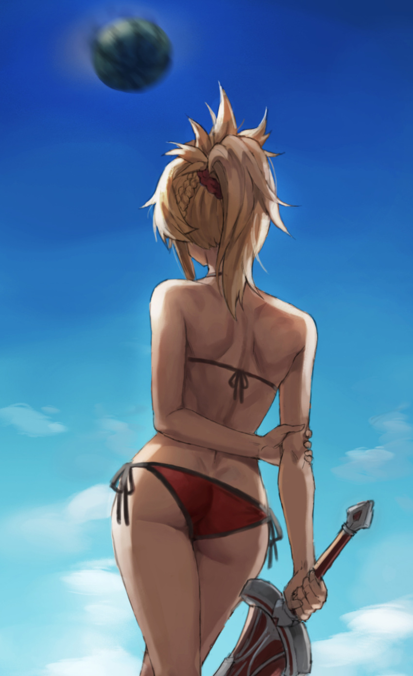 1girl arms_behind_back ass bikini blonde_hair blue_sky clouds day fate/apocrypha fate_(series) food from_behind fruit hand_on_own_arm highres holding holding_sword holding_weapon mordred_(fate) mordred_(fate)_(all) outdoors ponytail red_bikini short_hair sky solo swimsuit sword tonee watermelon weapon