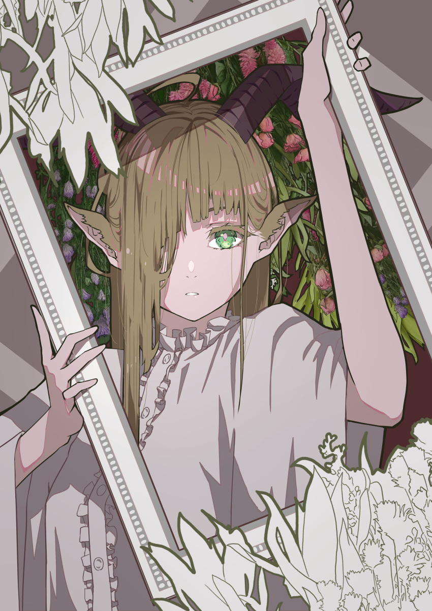 1girl absurdres arm_up bangs breasts brown_hair buttons commentary empty_picture_frame flower frilled_shirt frills goat_horns green_eyes hair_over_one_eye hand_up highres holding horns long_hair looking_at_viewer nico-tine original parted_lips picture_frame pink_flower pointy_ears purple_flower shirt small_breasts solo upper_body wide_sleeves