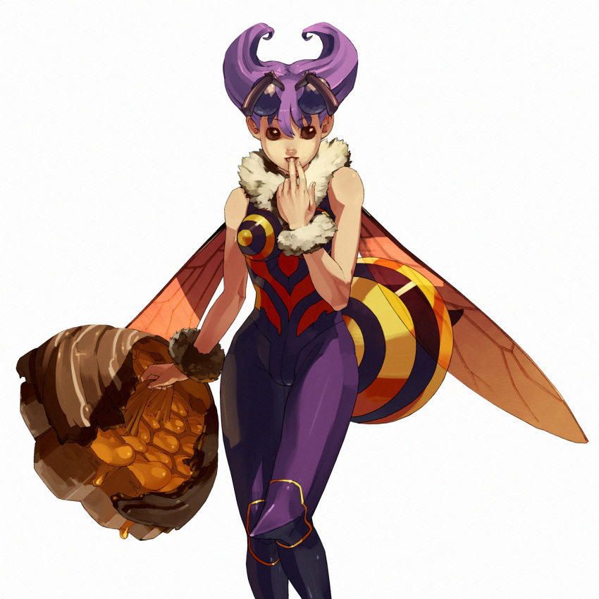 antenna bee_girl brown_eyes capcom highres insect_girl monster_girl pantyhose purple_hair purple_pantyhose q-bee shihou shihou_(g-o-s) short_hair simple_background solo vampire_(game) wings
