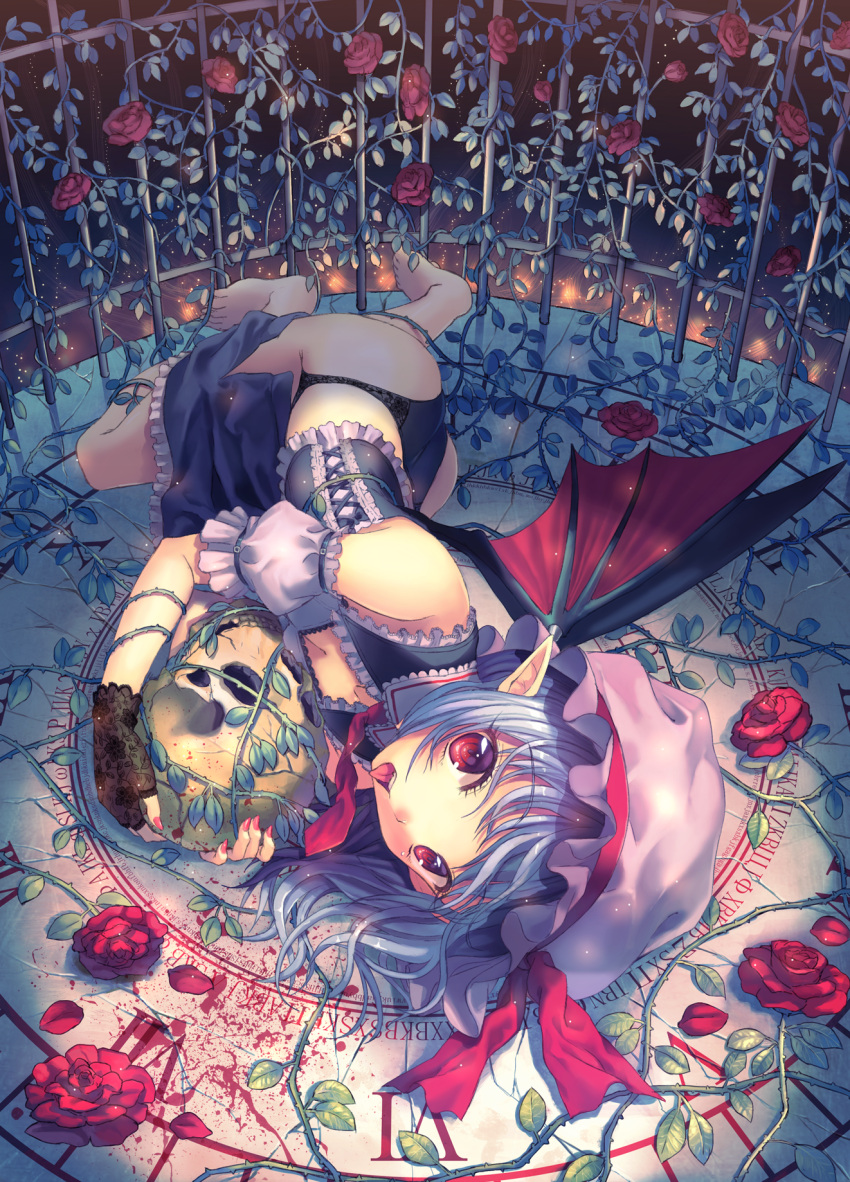 bare_shoulders barefoot bat_wings birdcage black_panties blood blue_hair breasts cage cleavage corset detached_sleeves fang fingerless_gloves flower frills gloves hat hat_ribbon highres holding kichiroku lace_panties lavender_hair lingerie lying necktie on_side open_mouth panties pointy_ears red_eyes remilia_scarlet ribbon rose short_hair single_glove skull sleeveless slit_pupils solo thorns toes tongue touhou underwear vampire wavy_hair wings