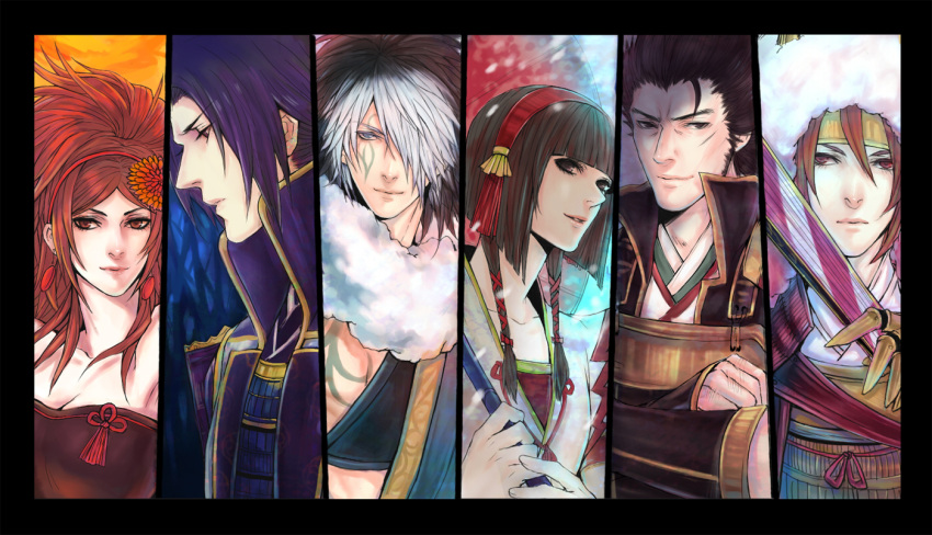 akechi_mitsuhide black_hair blue blue_eyes brown_eyes brown_hair chosokabe_motochika cleavage female hairband ishida_mitsunari kaihime kmdzm long_hair male okuni sengoku_musou sengoku_musou_3 shima_sakon short_hair tattoo white_hair