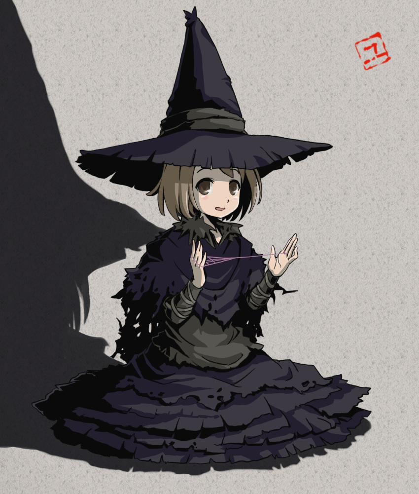 brown_eyes brown_hair cat's_cradle demon's_souls demon's_souls female gotokukai hat highres robe short_hair sitting solo string witch witch_hat yuria_the_witch