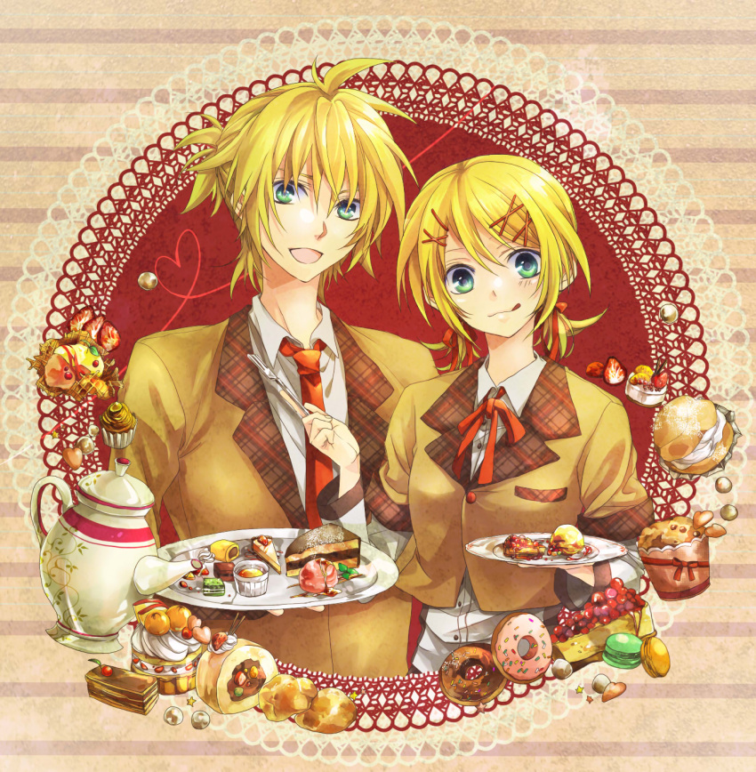 aqua_eyes blonde_hair bow cake cream cream_puff doughnut food fork hair_bow hair_ornament hairclip highres kagamine_len kagamine_rin low_twintails macaron mont_blanc_(food) muffin necktie pastry plaid plate school_uniform short_hair short_ponytail short_twintails siblings smile tartan teapot teito tongue tray twins twintails vocaloid