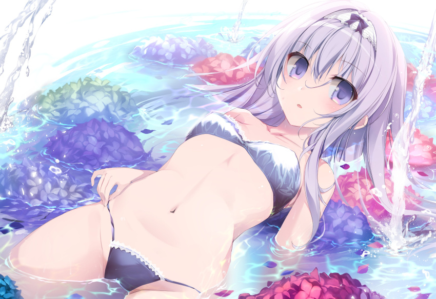 1girl absurdres bare_shoulders bikini blue_bikini blue_eyes breasts collarbone commentary_request flower groin headdress highres hydrangea karory long_hair looking_at_viewer lying navel on_back original parted_lips petals petals_on_liquid purple_flower red_flower sidelocks silver_hair small_breasts solo stomach string_bikini swimsuit thighs water wet