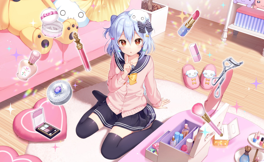 1boy :o bangs bedroom black_legwear blue_hair blue_skirt bow brown_eyes cardigan cosmetics dog_hair_ornament finger_to_own_chin full_body hair_between_eyes hair_bow hair_ornament highres index_finger_raised indoors inuyama_tamaki male_focus miniskirt momoshiki_tsubaki no_shoes noripro otoko_no_ko parted_lips pink_cardigan pleated_skirt sailor_collar school_uniform serafuku short_hair sitting skirt thigh-highs two_side_up virtual_youtuber wariza yellow_neckwear zettai_ryouiki