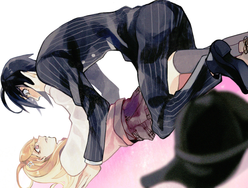 1boy 1girl ahoge akamatsu_kaede baseball_cap black_footwear black_hair black_jacket black_pants blonde_hair brown_skirt chachi_(azuzu) commentary_request crying crying_with_eyes_open dangan_ronpa_(series) dangan_ronpa_v3:_killing_harmony eyelashes feet_out_of_frame full_body gakuran hair_ornament hand_on_another's_cheek hand_on_another's_face hat hetero jacket kneehighs looking_at_another lying musical_note_hair_ornament musical_staff_print on_back pants parted_lips pink_eyes pink_sweater_vest pinned saihara_shuuichi school_uniform shirt short_hair simple_background skirt tears white_background white_shirt yellow_eyes