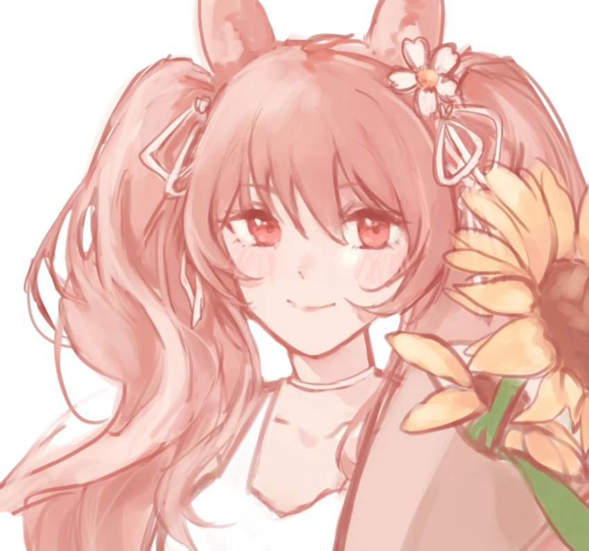 1girl angelina_(arknights) animal_ears arknights blush brown_hair flower fox_ears hair_flower hair_ornament hair_ribbon highres long_hair looking_at_viewer portrait red_eyes ribbon shirt simple_background smile solo sunflower twintails white_background white_flower white_ribbon white_shirt xilansama yellow_flower