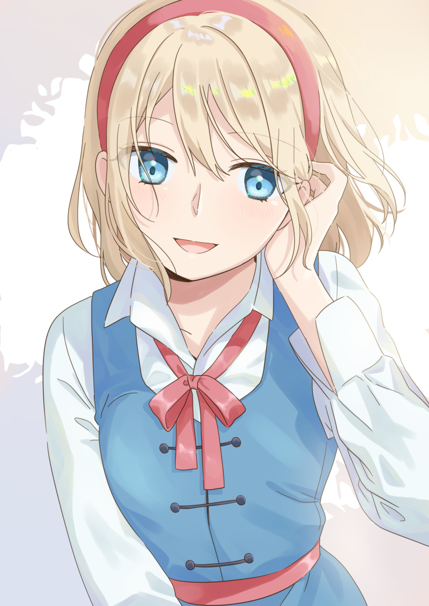 1girl :d absurdres alice_margatroid bangs blonde_hair blue_eyes collarbone eyebrows_visible_through_hair floating_hair hair_between_eyes hairband hand_in_hair highres looking_at_viewer medium_hair neck_ribbon open_mouth red_hairband red_ribbon ribbon shiny shiny_hair shirt smile solo touhou tunokiti upper_body white_shirt