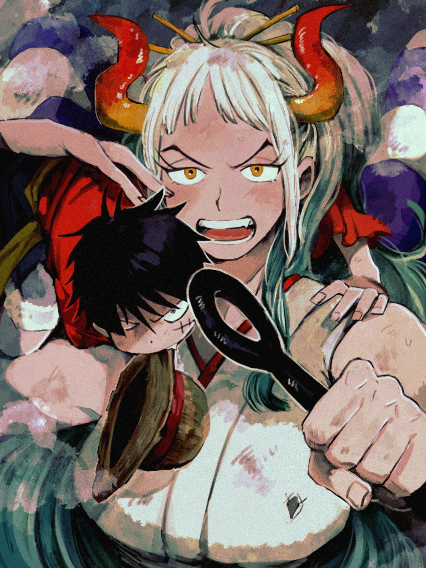 1boy 1girl bare_arms bare_shoulders black_legwear carrying club curled_horns fang fingernails hair_ornament hair_stick hand_on_another's_shoulder hat hat_removed headwear_removed height_difference high_ponytail highres holding holding_weapon horns japanese_clothes kanabou kimono long_hair long_sleeves looking_at_viewer makenevemoiine monkey_d._luffy mouth_hold multicolored_horns one_eye_closed one_piece open_mouth orange_eyes orange_horns over_shoulder red_horns red_shirt rope scratches shimenawa shirt short_hair sleeveless sleeveless_kimono straw_hat tall_female v-shaped_eyebrows very_long_hair weapon yamato_(one_piece)