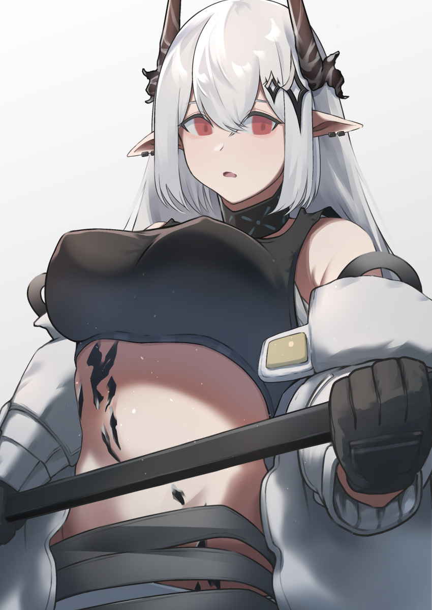 absurdres arknights hair_ornament highres infection_monitor_(arknights) looking_at_viewer mudrock_(arknights) no_panties oripathy_lesion_(arknights) pointy_ears red_eyes sports_bra tagme user_vcya7743 white_hair