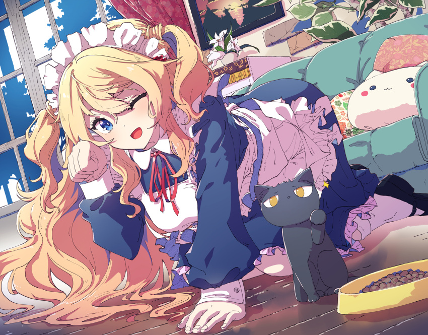 1girl all_fours apron black_cat blonde_hair blue_eyes cat couch cushion dutch_angle flower hair_between_eyes highres indoors kagawa_yuusaku long_hair looking_at_viewer maid maid_apron maid_headdress open_mouth original paw_pose solo two_side_up